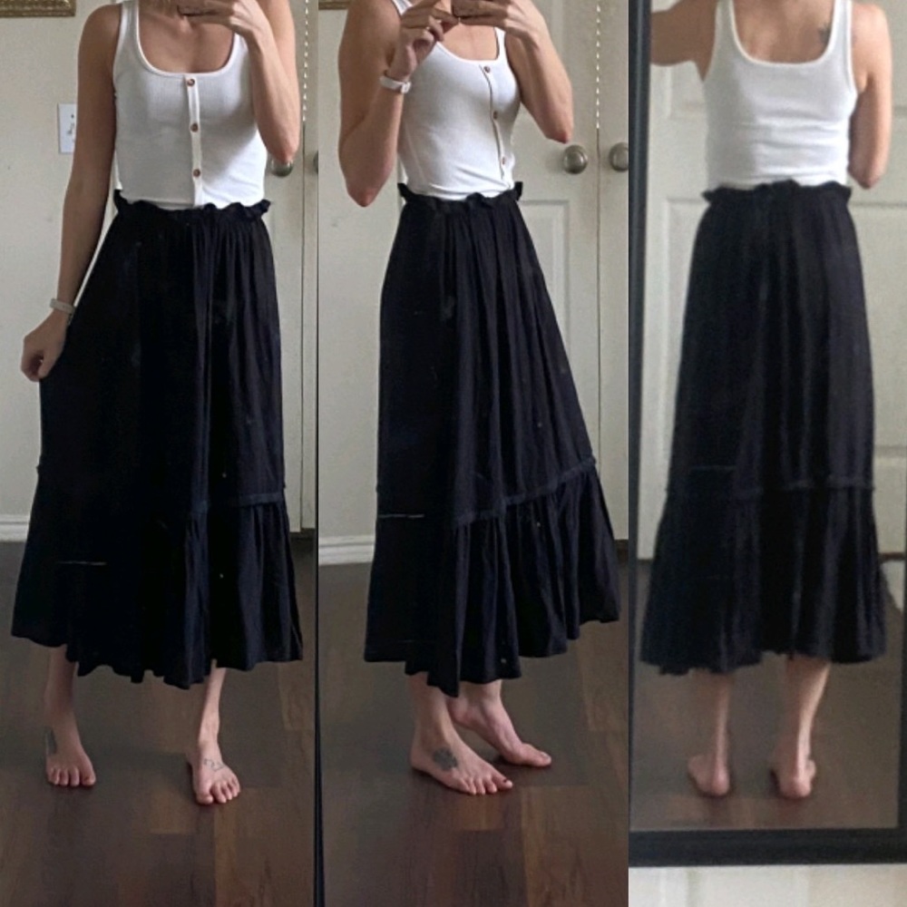H&M black high waisted rise ruffle a-line calf length midi skirt size 8